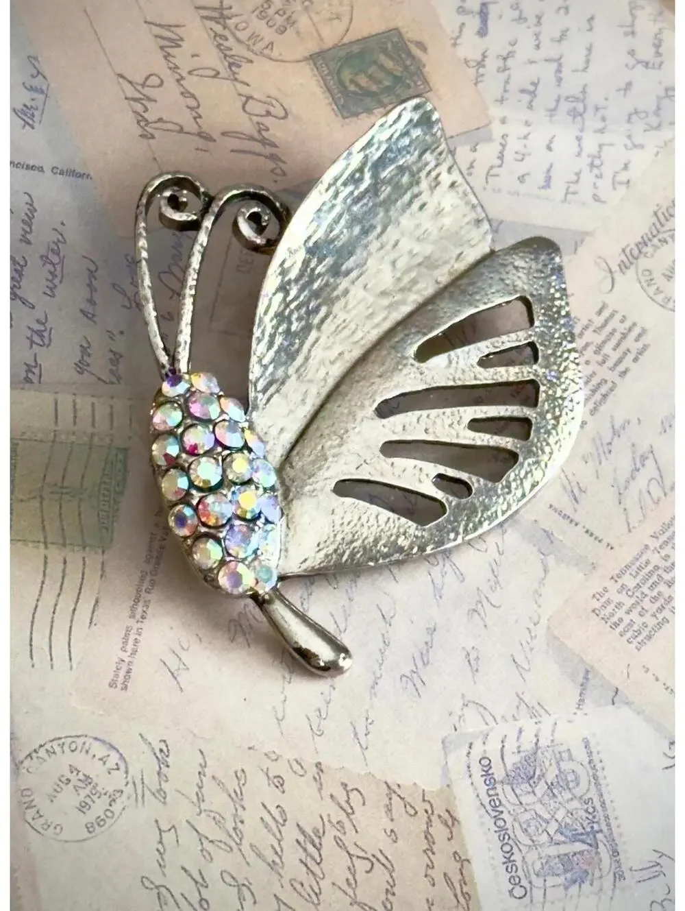 Vintage Silver-Tone Butterfly Brooch with Aurora Borealis Crystals